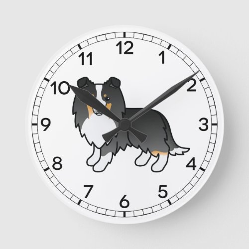 Tricolor Shetland Sheepdog Sheltie Cartoon Dog Round Clock