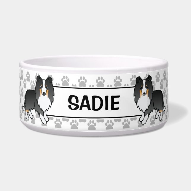 Tricolor Shetland Sheepdog Sheltie Dog & Name Bowl (Front)