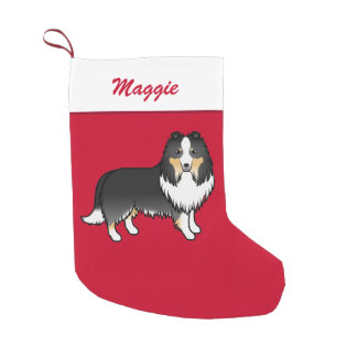 Tricolor Shetland Sheepdog Sheltie On Red &amp; Name Small Christmas Stocking
