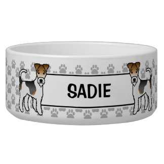 Tricolor Wire Fox Terrier And Paws &amp; Name Bowl