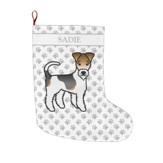 Tricolor Wire Fox Terrier Cute Cartoon Dog &amp; Name Large Christmas Stocking