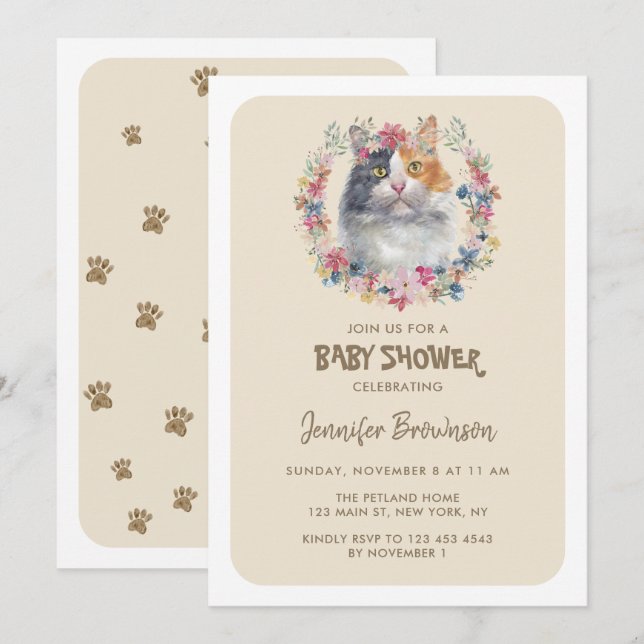 Tricolored Calico Cat Baby Shower Invitation (Front/Back)