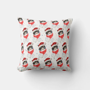 Tricolored Cat Christmas Watercolor with Scarf Throw Pillow