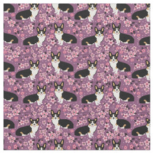 Tricolored Corgi Cherry Blossom fabric - purple