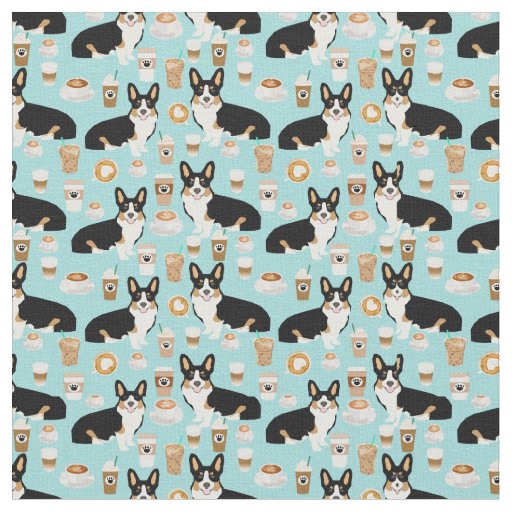 Tricolored Corgi Coffee fabric - blue