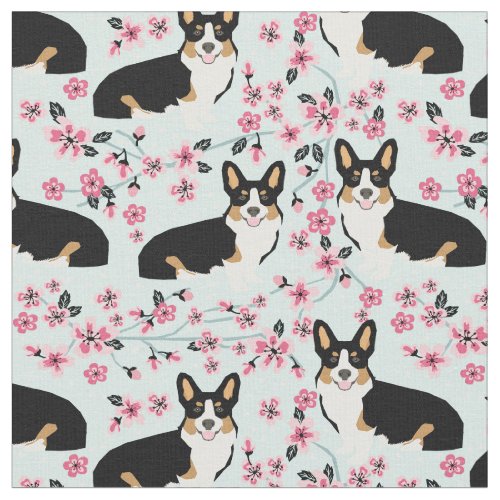 Tricolored Corgi dog cherry blossoms floral Fabric