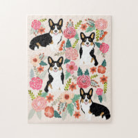 Tricolored Corgi Dog Vintage Florals