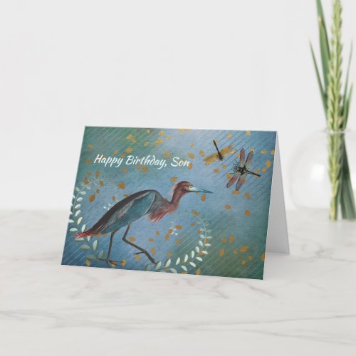 Tricolored Heron and Dragonflies Birthday Card