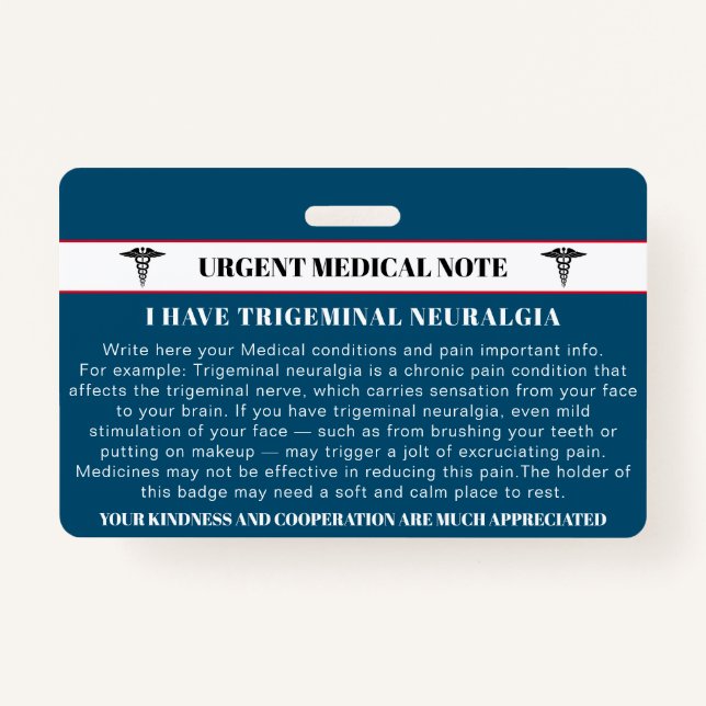 Trigeminal Neuralgia Emergency Medical Card Badge (Front)