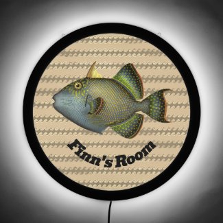 Triggerfish in Deep Teal on Wavy Gold with Name
