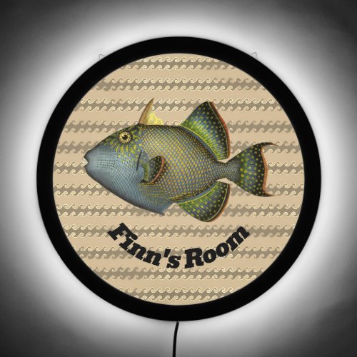 Triggerfish in Deep Teal on Wavy Gold with Name LED Sign