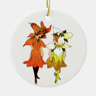 Trillium and Tiger-Lily, Whimsical Flower Book Art Ceramic Ornament