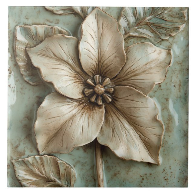 Trillium Botanical Floral Faux Relief  Ceramic Tile (Front)
