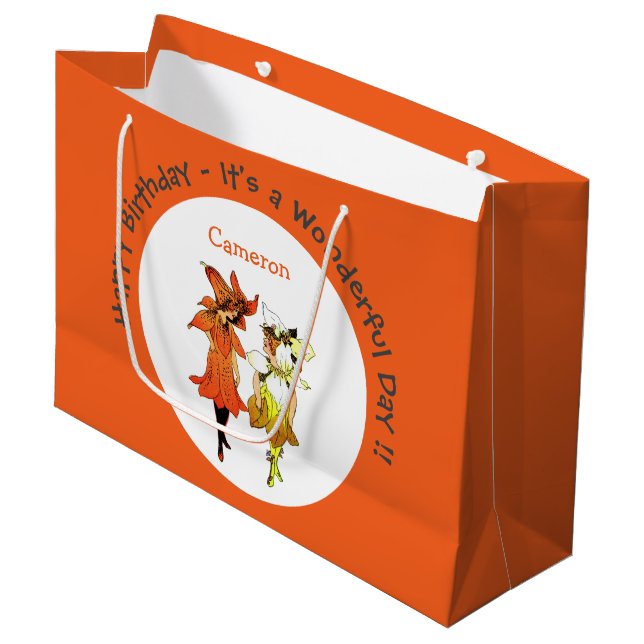 Trillium Tiger-Lily Whimsical Flower Party Supply Large Gift Bag (Front Angled)