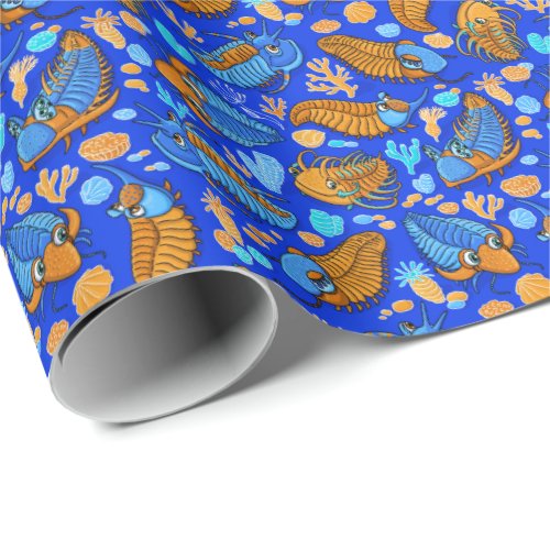 Trilobites on dark blue background kids pattern wrapping paper