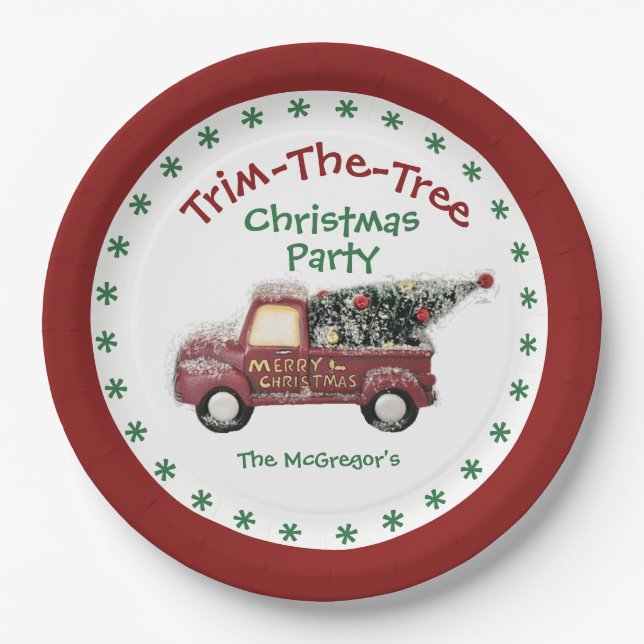 Trim The Tree Christmas Party With Name Paper Plates (Front)