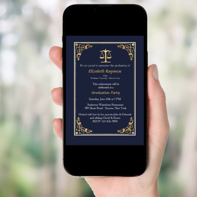 Trimmed in Gold Justice Scale Graduation Invites (Front Digital)