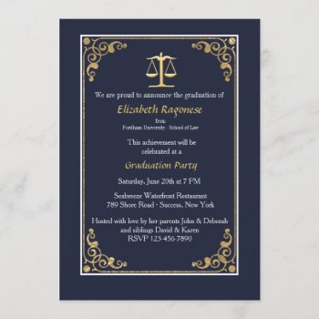 Trimmed In Gold Justice Scale Graduation Invites by CottonLamb at Zazzle