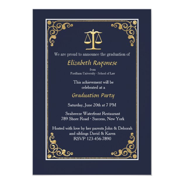 Trimmed In Gold Justice Scale Graduation Invites