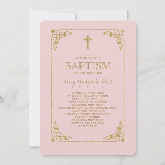 Trimmed in Gold Pink Religious Invitation (Front)