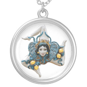 Trinacria of Sicily Sicilia Blue and Yellow Silver Plated Necklace