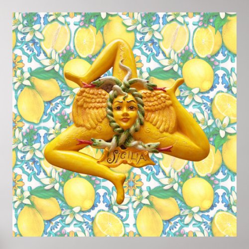 Trinacria Sicily Lemons Wall Art Artwork Blue Tile