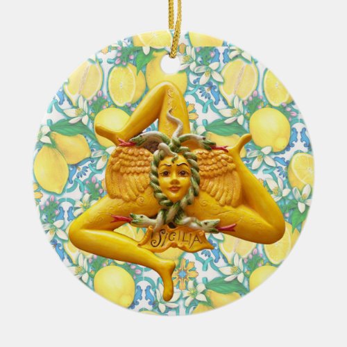 Trinacria Sicily Sicilia Italy Pride Lemon Blue Ceramic Ornament