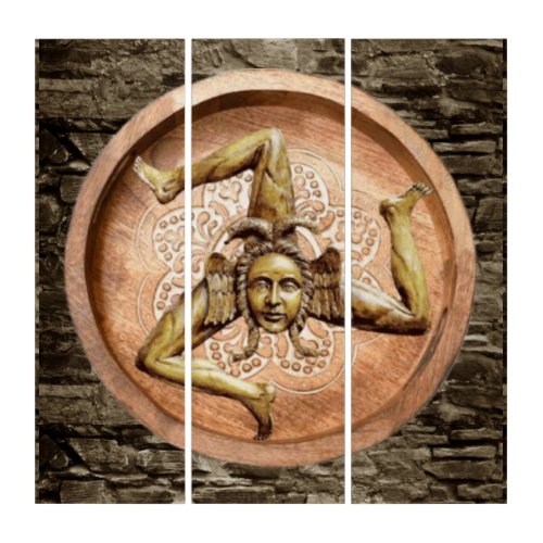 Trinacria Symbol of Sicily Rustic Wood and Stone Triptych