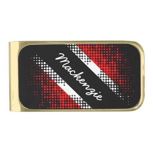 Trinidad and Tobago Dot Pattern Flag and YOUR NAME Gold Finish Money Clip