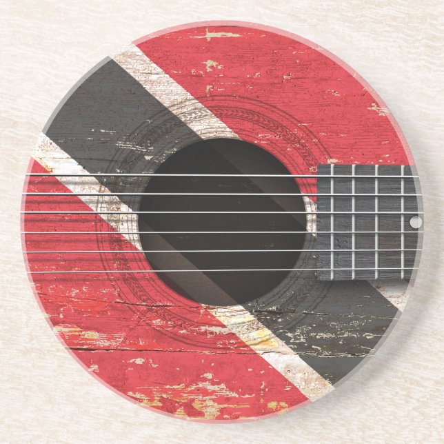 Trinidad and Tobago Flag on Old Acoustic Guitar Drink Coaster (Front)