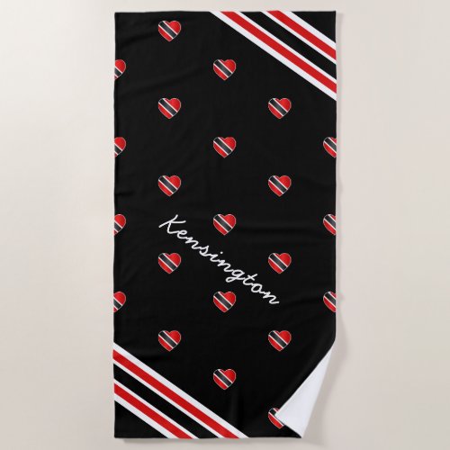 Trinidad and Tobago Heart Flag with Name on BLACK Beach Towel
