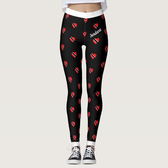 Trinidad Heart Flag with Your Name on BLACK Leggings (Front)