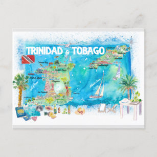Trinidad & Tobago Antilles Illustrated Travel Map Holiday Postcard