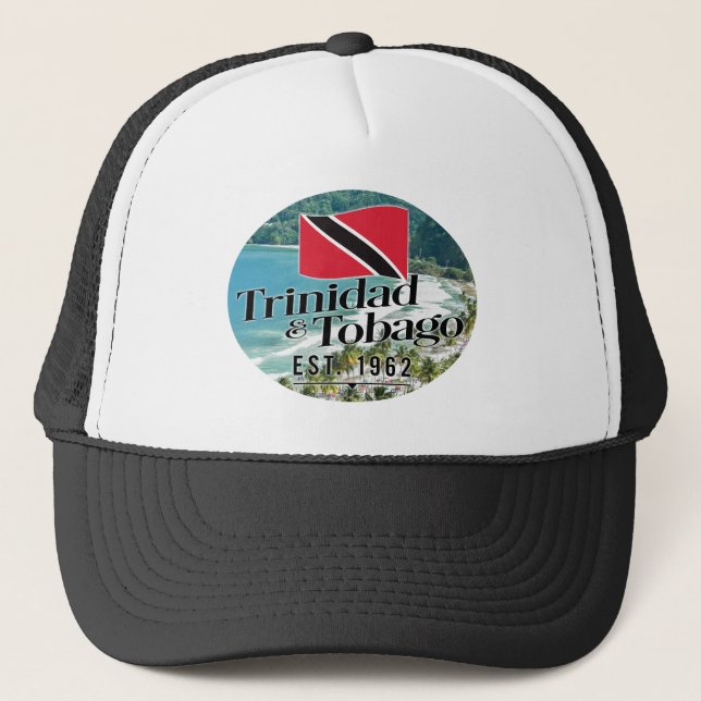 "Trinidad & Tobago Est. 1962" Beach With Flag Trucker Hat (Front)