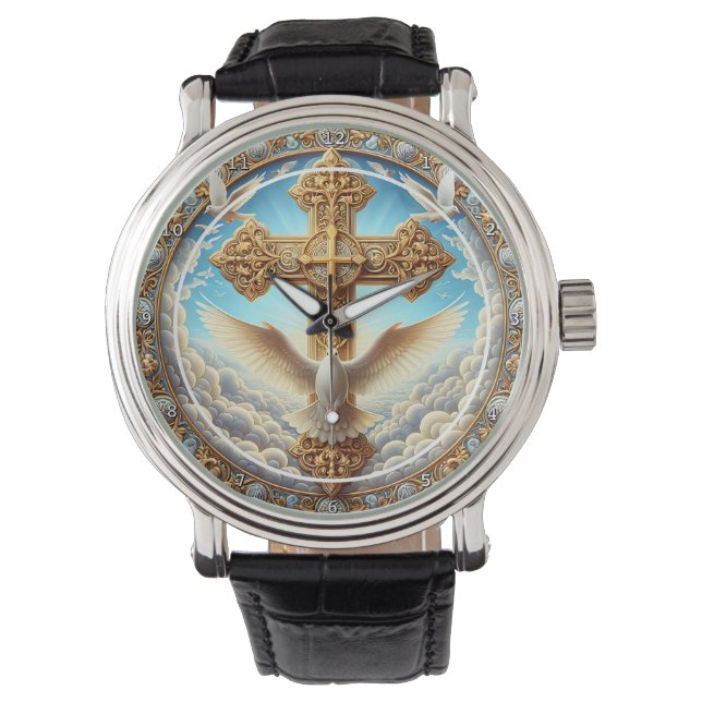 Trinity Dove Cross Golden Wall Watch (Front)