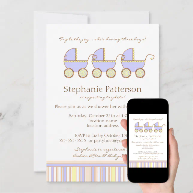 Trio Carriage Triplet Baby Boys Shower Invitation Zazzle
