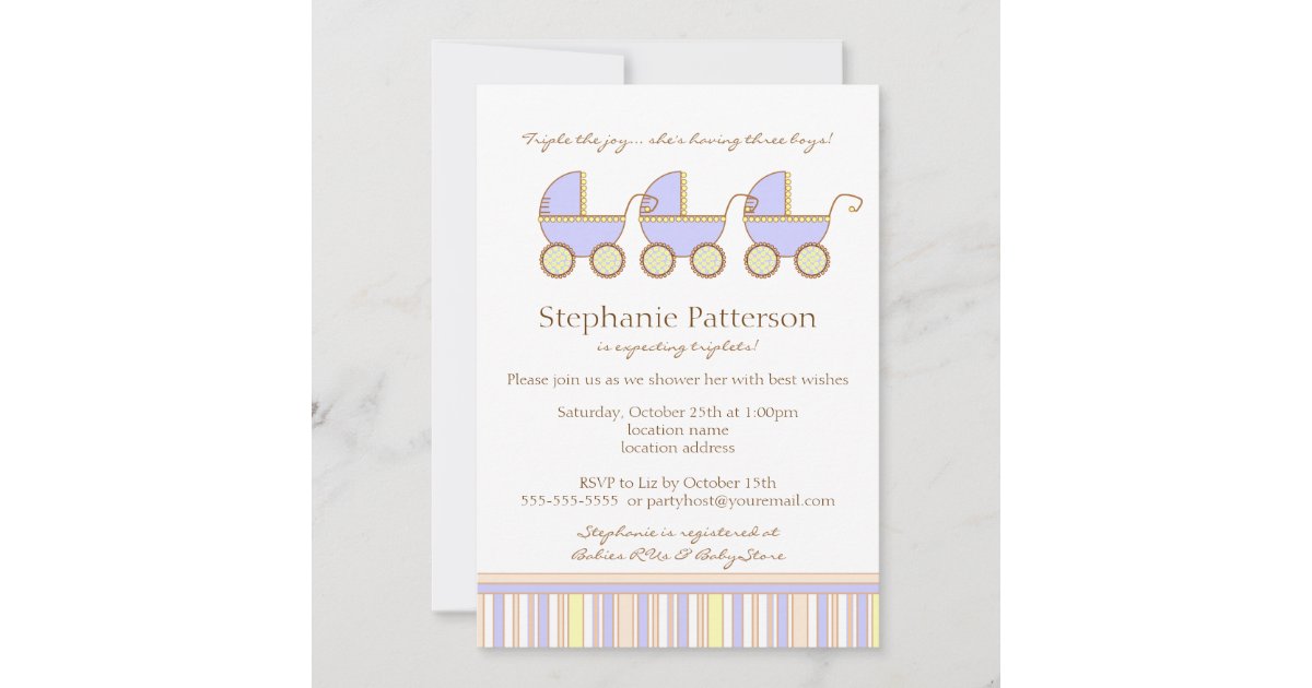 Trio Carriage Triplet Baby Boys Shower Invitation Zazzle