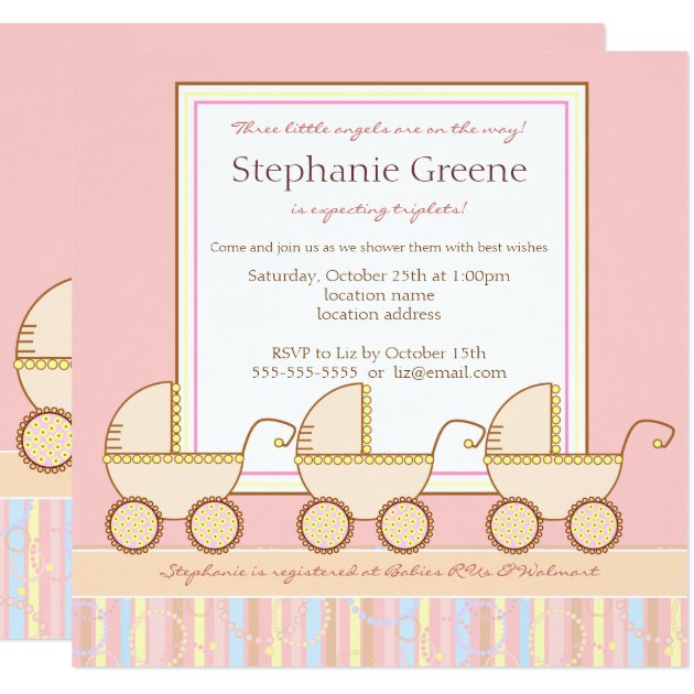 Trio Carriage Triplet Girl Baby Shower Invitation
