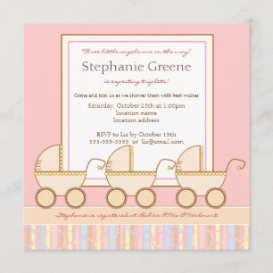 Trio Carriage Triplet Girl Baby Shower Invitation
