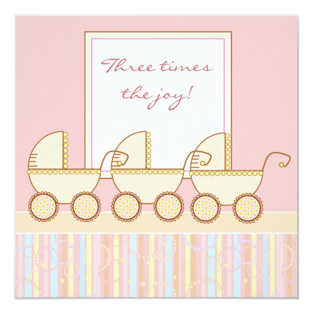 Trio Carriage Triplet Girl Baby Shower Invitation