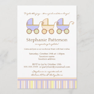 Trio Carriage Triplet Girl Boys Shower Invitation