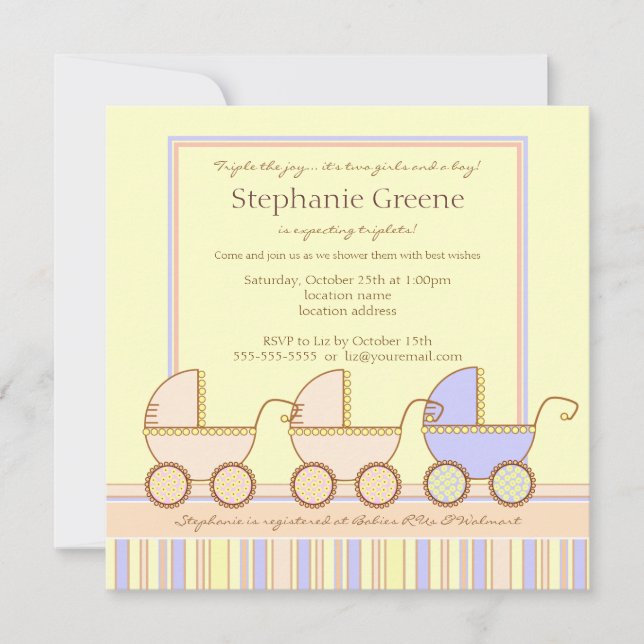 Trio Carriage Triplet Girls Boy Shower Invitation (Front)