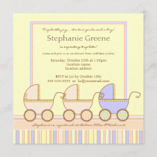 Trio Carriage Triplet Girls Boy Shower Invitation