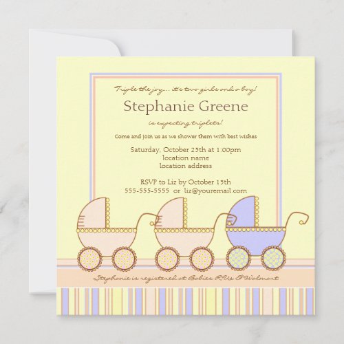 Trio Carriage Triplet Girls Boy Shower Invitation