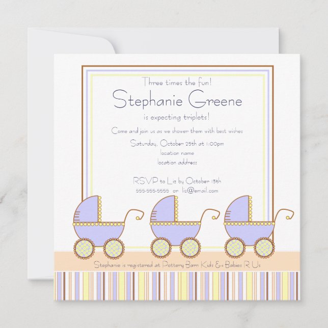 Trio Carriage Triplets Boy Baby Shower Invitation (Front)