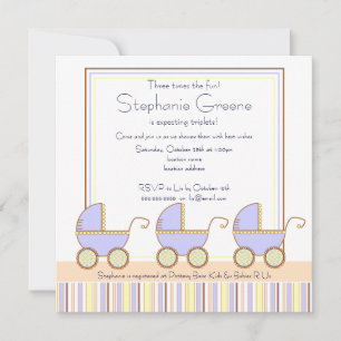Trio Carriage Triplets Boy Baby Shower Invitation