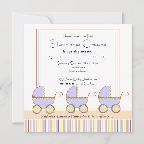 Trio Carriage Triplets Boy Baby Shower Invitation