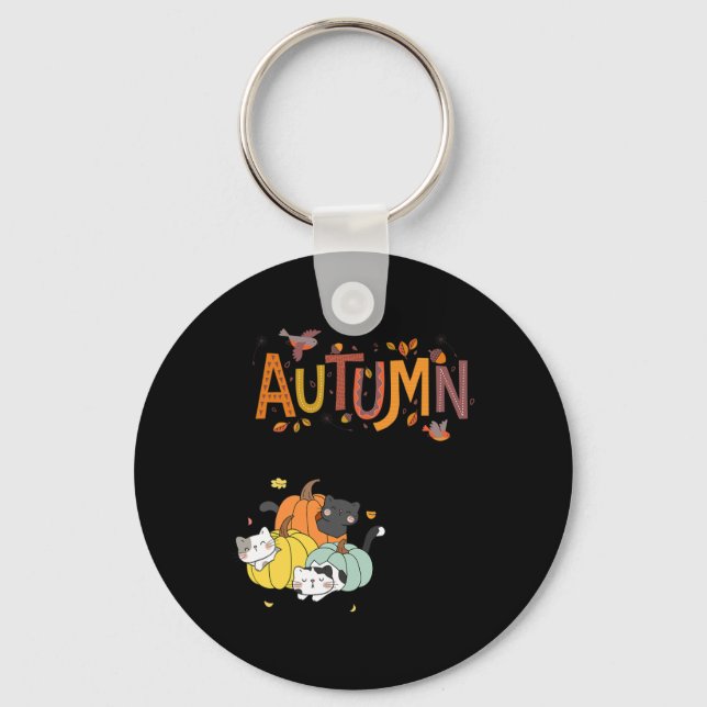 Trio Cute Pumpkin Cats Hello Fall Autumn Funny  Keychain (Front)