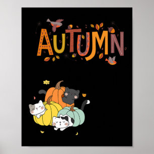 Trio Cute Pumpkin Cats Hello Fall Autumn Funny Poster