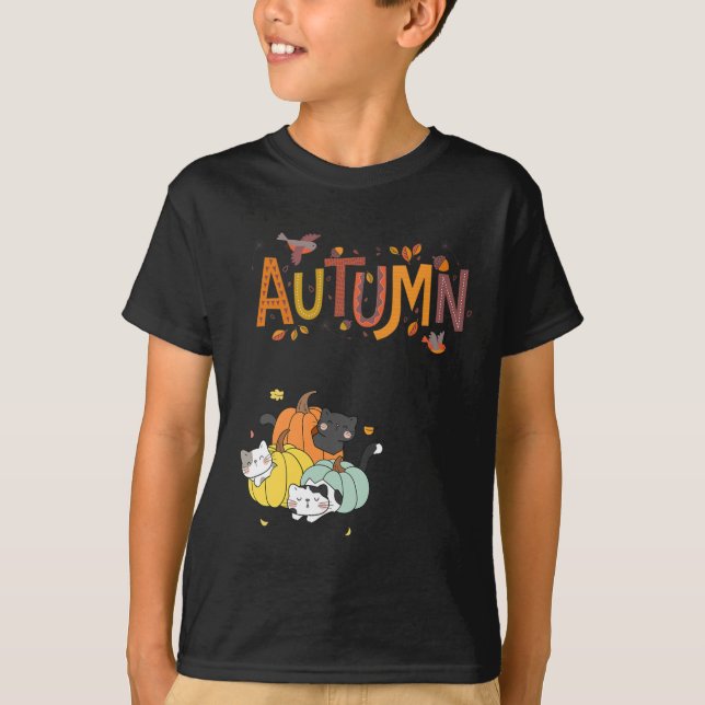 Trio Cute Pumpkin Cats Hello Fall Autumn Funny  T-Shirt (Front)